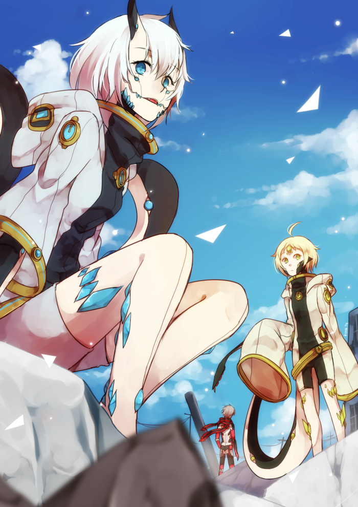 1boy, 2girls, ahoge, belt, blue_eyes, commentary, ellen_(pale_blue), frei_(pale_blue)