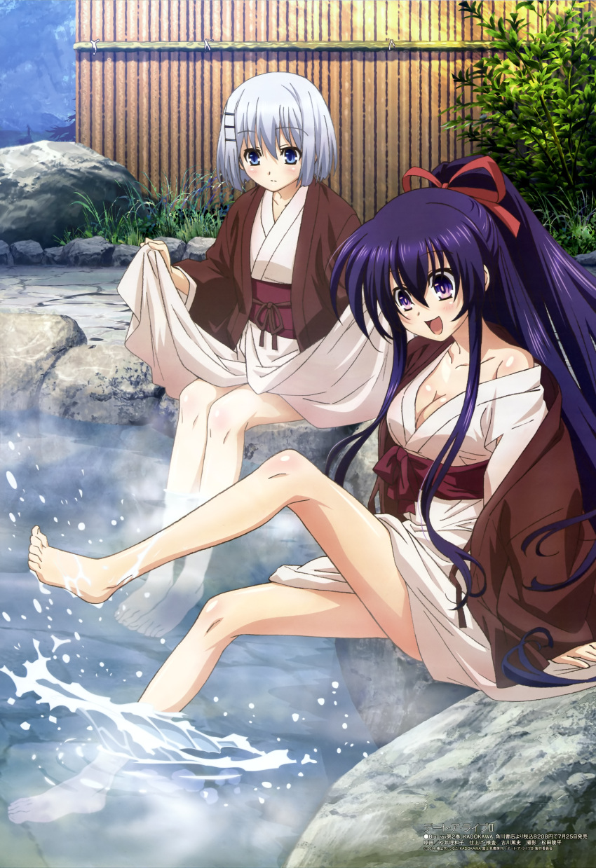 2girls, absurdres, bare_legs, barefoot, blue_eyes, breasts, cleavage, date_a_live