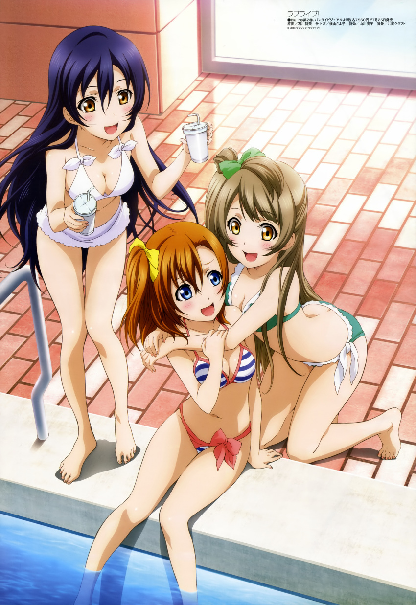 3girls, absurdres, bikini, blue_eyes, blue_hair, blush, bow, brown_eyes