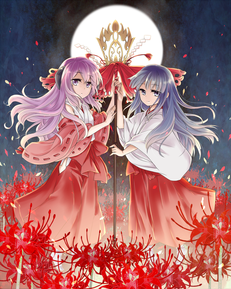 2girls, blue_eyes, blue_hair, chiydesuyo, detached_sleeves, flower, full_moon, furude_rika