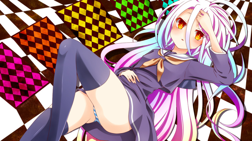 1girl, akari4, black_legwear, gradient_hair, hand_on_own_head, long_hair, lying, multicolored_hair, no_game_no_life, panties, pantyshot, pantyshot_(lying), school_uniform, serafuku, shiro_(no_game_no_life), solo, thigh-highs, underwear, white_hair, yellow_eyes, zettai_ryouiki