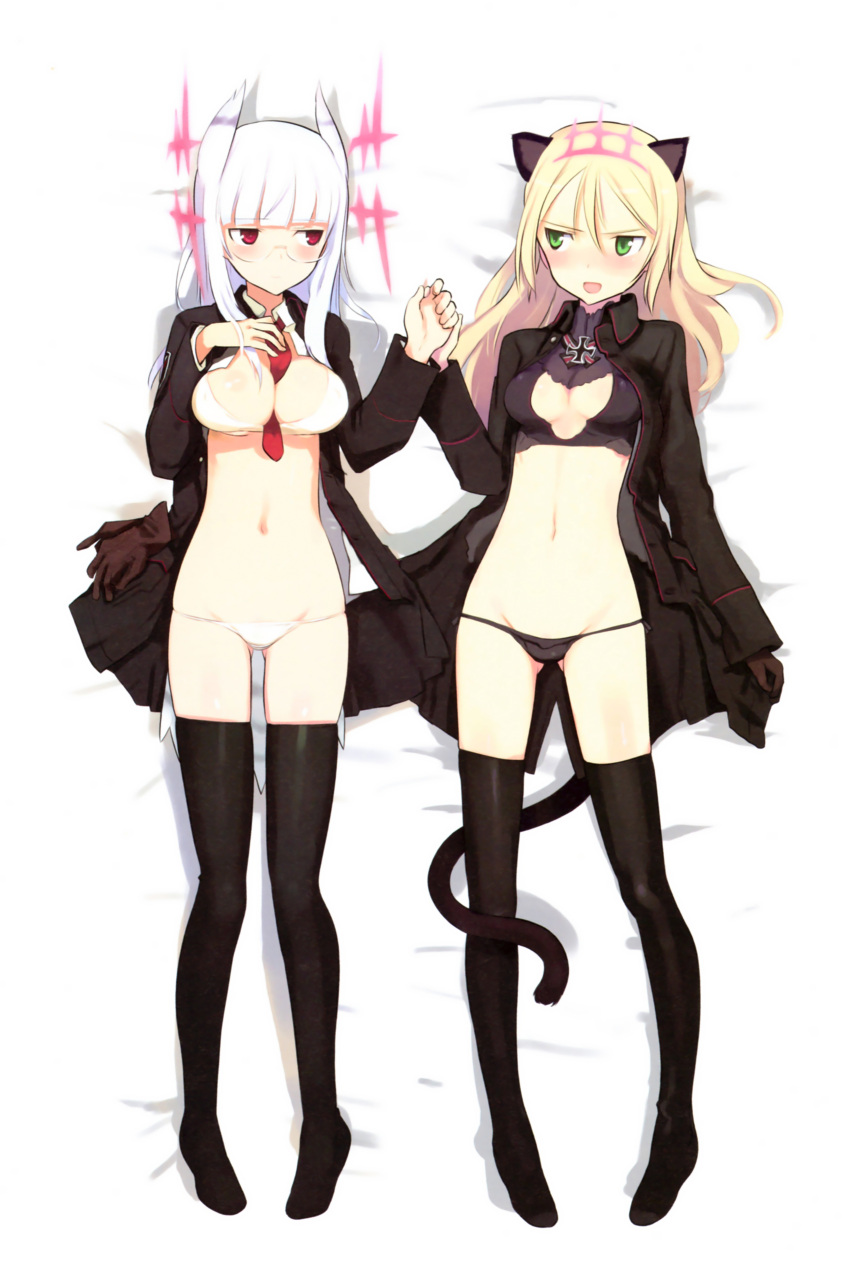 >:d, 2girls, :d, absurdres, animal_ears, bangs, between_breasts, black_bra, black_gloves, black_legwear, black_panties, blonde_hair, blunt_bangs, blush, bra, breast_suppress, breasts, cat_ears, cat_tail, cleavage, full_body, gloves, gloves_removed, green_eyes, hair_between_eyes, heidimarie_w_schnaufer, heinrike_prinzessin_zu_sayn-wittgenstein, highres, hirschgeweih_antennas, holding_hands, iron_cross, long_hair, lying, mound_of_venus, multiple_girls, navel, necktie, no_shoes, on_back, open_clothes, open_mouth, open_shirt, panties, red_eyes, shimada_fumikane, side-tie_panties, smile, strike_witches, string_panties, tail, thigh-highs, underwear, white_bra, white_hair, white_panties