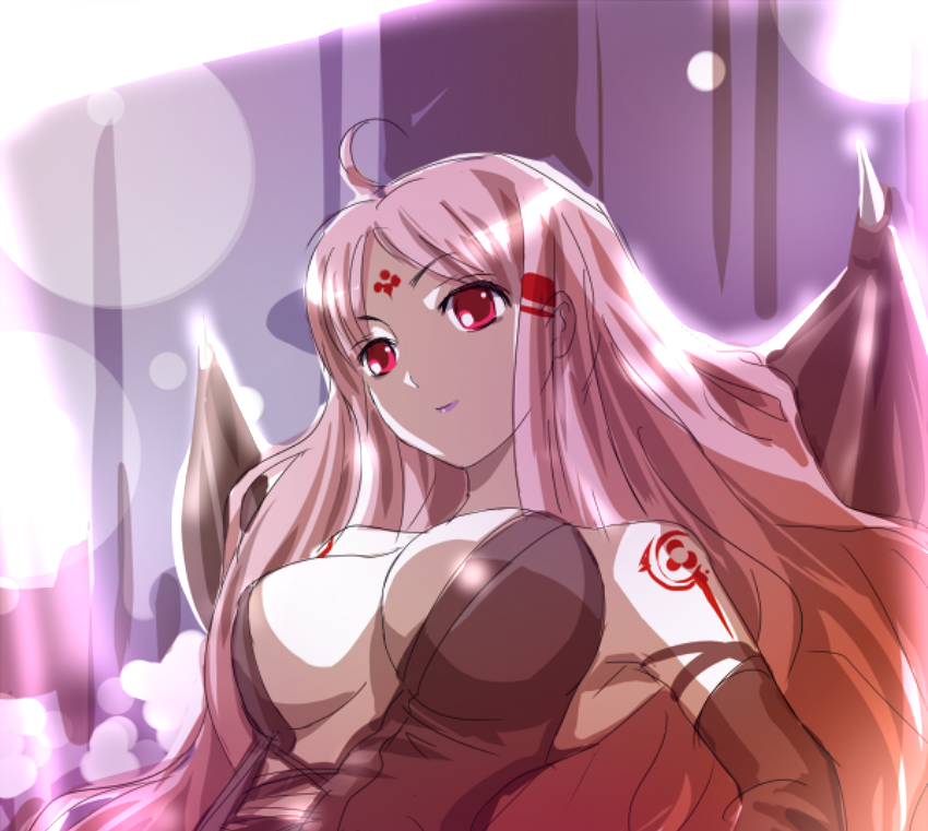 blonde_hair, cleavage, demon_girl, makisige, original, pink_hair, red_eyes, solo