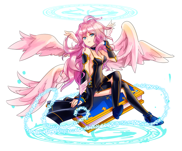 1girl, ahoge, angel, angel_wings, archangel_metatron_(p&amp;d), arm_support, bare_shoulders, black_clothes, black_dress, black_gloves, black_legwear, blue_eyes, blue_shoes, book, breasts, choker, cleavage, collarbone, crossed_legs, dress, elbow_gloves, feathered_wings, feathers, gloves, hand_in_hair, high_heels, holding, long_hair, magic, magic_circle, multiple_wings, open_mouth, pen, pink_hair, pink_wings, puzzle_&amp;_dragons, shinya90, shoes, simple_background, sitting, sitting_on_object, sleeveless, sleeveless_dress, smile, solo, wavy_hair, white_background, wings