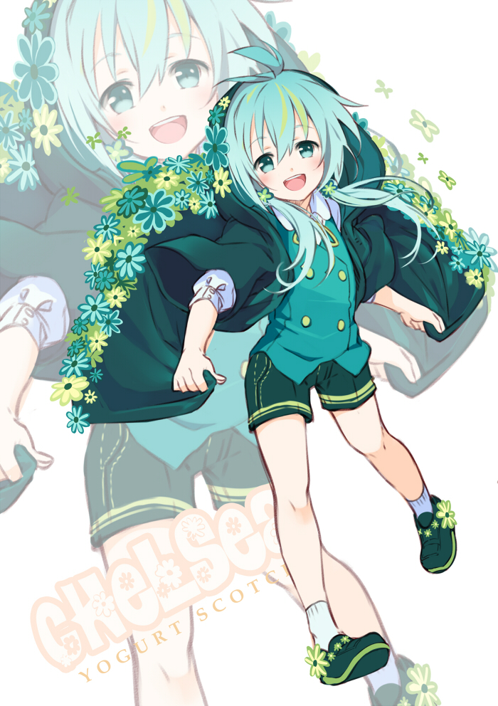 1boy, blue_eyes, blue_hair, blush, flower, long_hair, male, meiji_(brand), meiji_chelsea_yogurt_scotch, open_mouth, original, personification, sagami_hako, shorts, smile, solo, vest