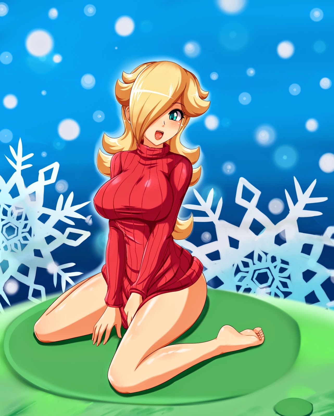 1girl, :d, aqua_eyes, bare_legs, barefoot, between_legs, blonde_hair, blush