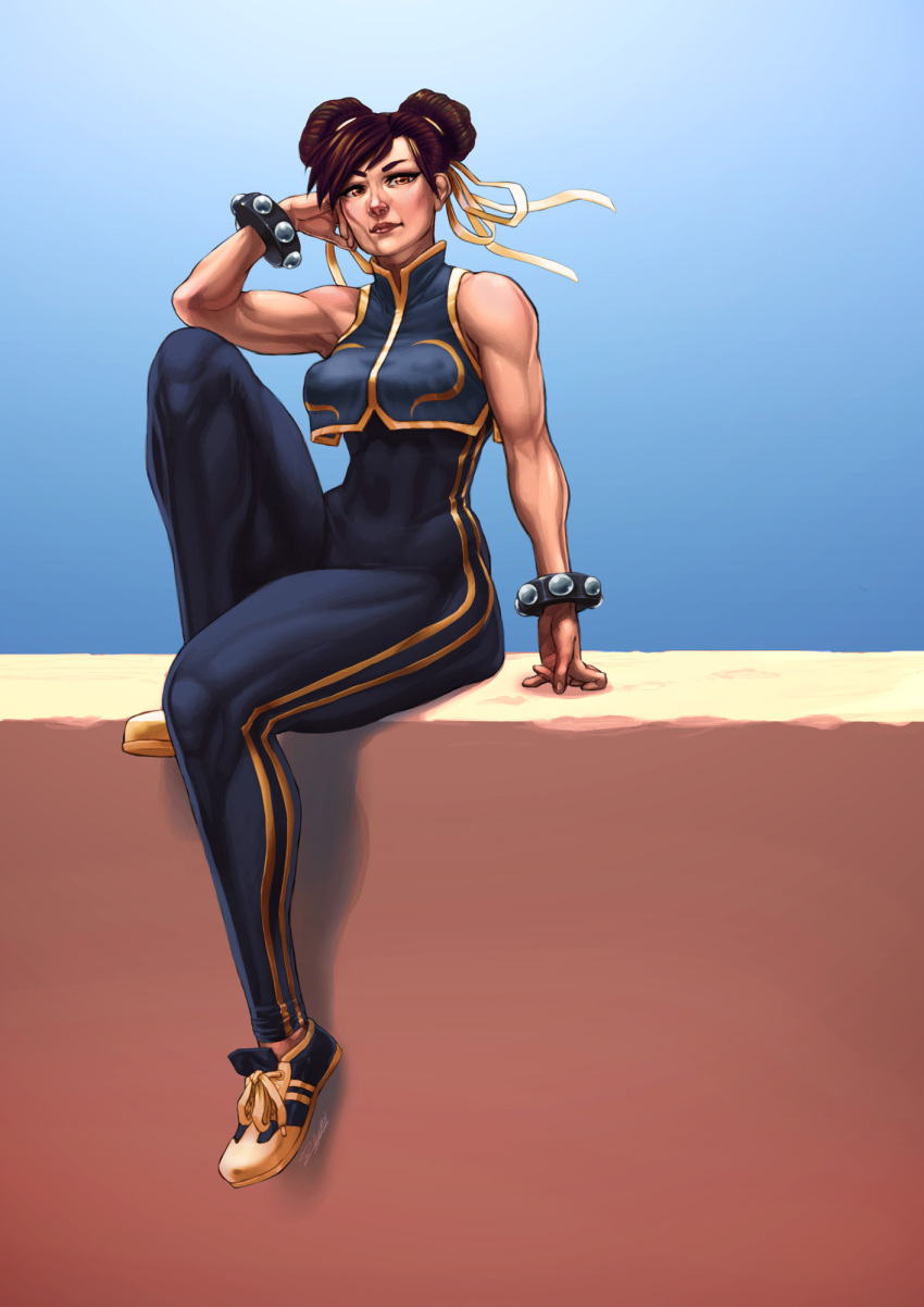 1girl, alternate_costume, bodysuit, breasts, brown_hair, chin_rest, chun-li, crop_top, crop_top_overhang, double_bun, highres, muscle, shoes, short_hair, sitting, sneakers, solo, spandex, sterna, street_fighter, street_fighter_zero, studded_bracelet, thick_thighs, thighs, wall