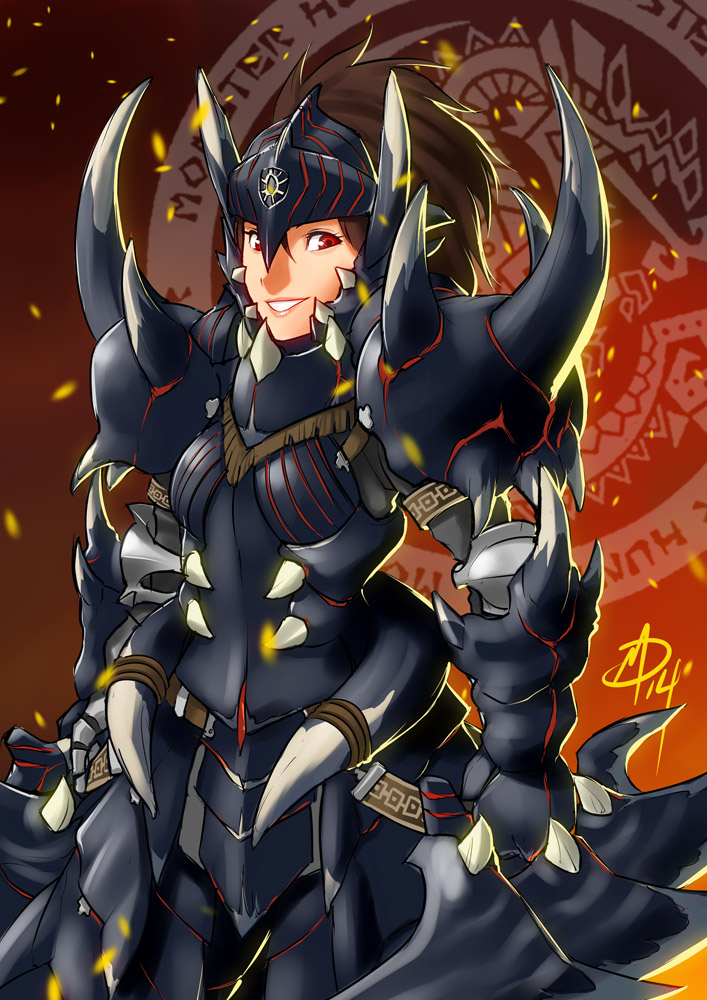1girl, akantor_(armor), armor, breastplate, brown_hair, daniel_macgregor, dual_wielding, forehead_protector
