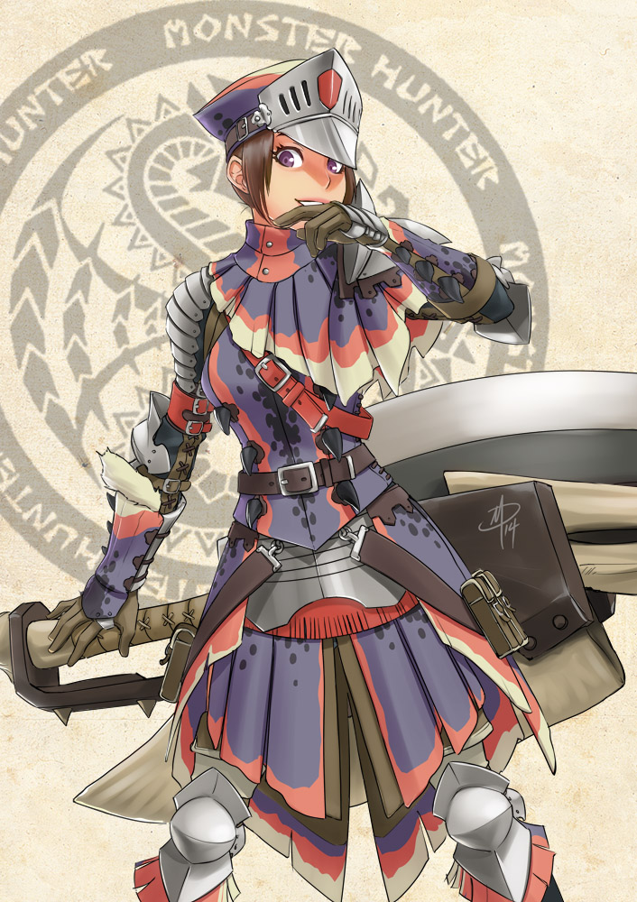 1girl, armor, bracer, breastplate, brown_hair, daniel_macgregor, faulds, full_armor