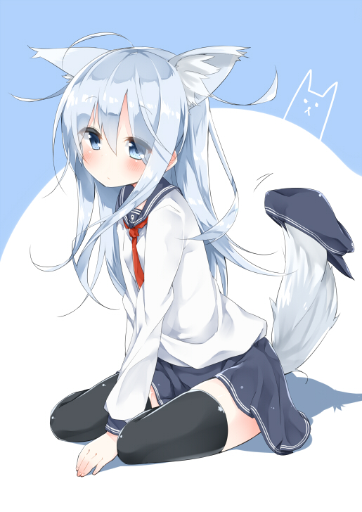 1girl, animal_ears, black_legwear, blue_eyes, blue_hair, blush, dog_ears, dog_tail, hibiki_(kantai_collection), kantai_collection, long_hair, sailor_collar, school_uniform, serafuku, shiina_2265, solo, tail, thigh-highs, zettai_ryouiki