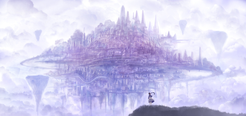 1girl, black_hair, bou_nin, capelet, city, cityscape, clouds, cloudy_sky
