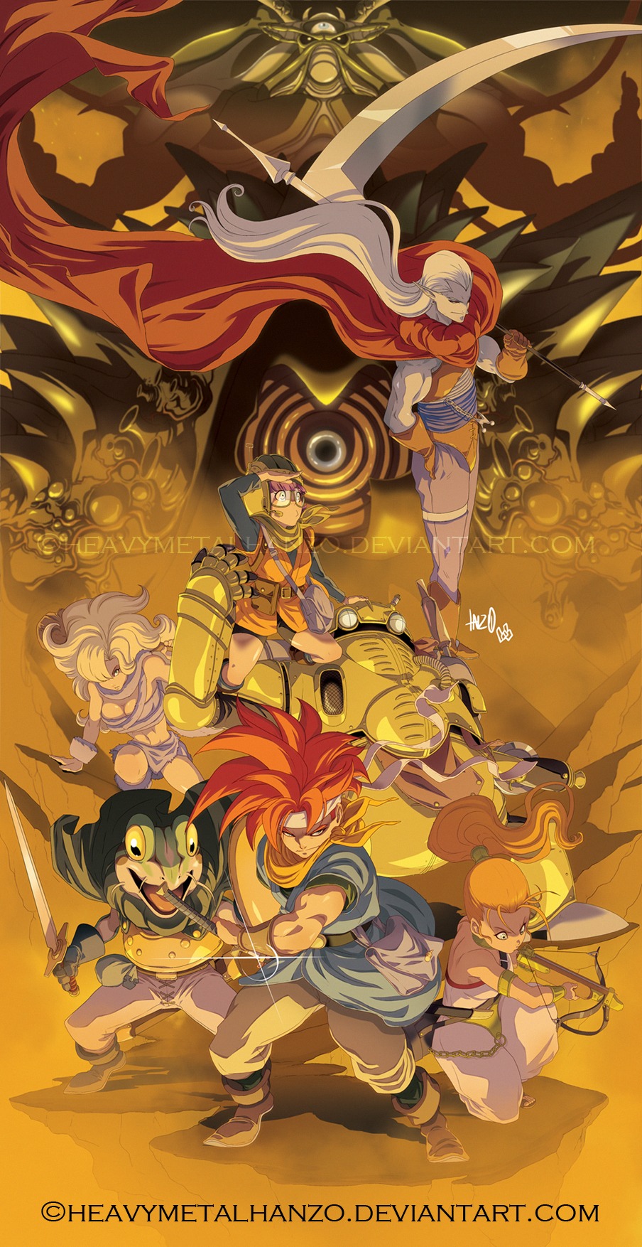 ayla, bow_(weapon), chrono_trigger, crono, crossbow, everyone, glasses, group_shot