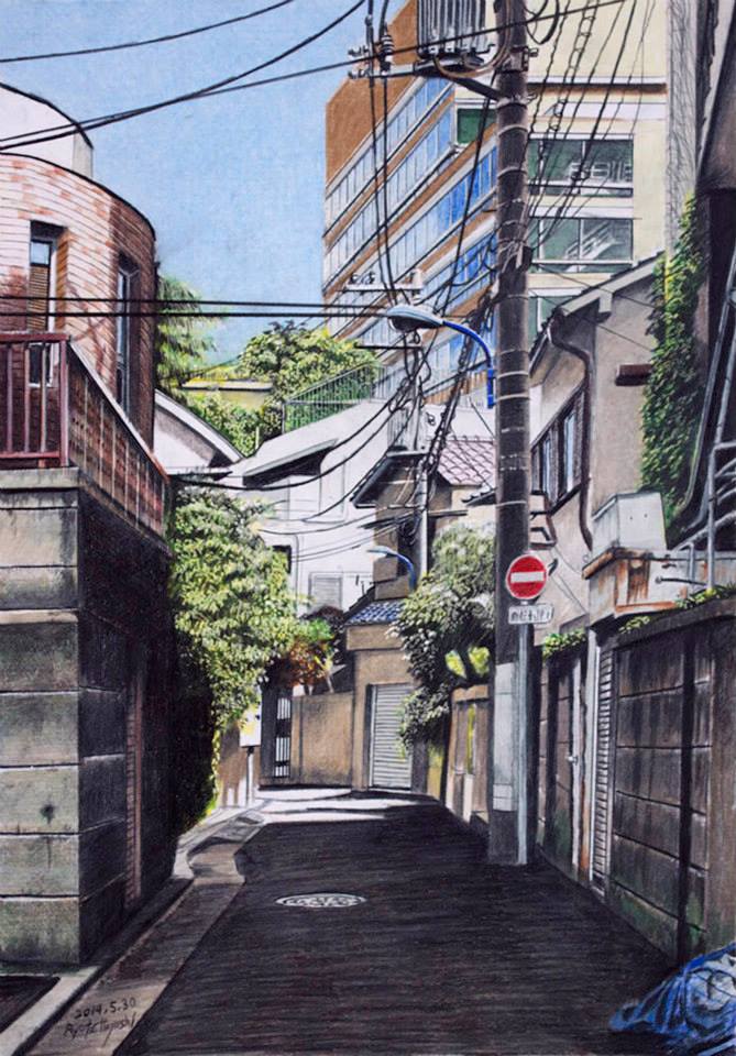 building, cityscape, colored_pencil_(medium), dated, original, power_lines, real_world_location, road