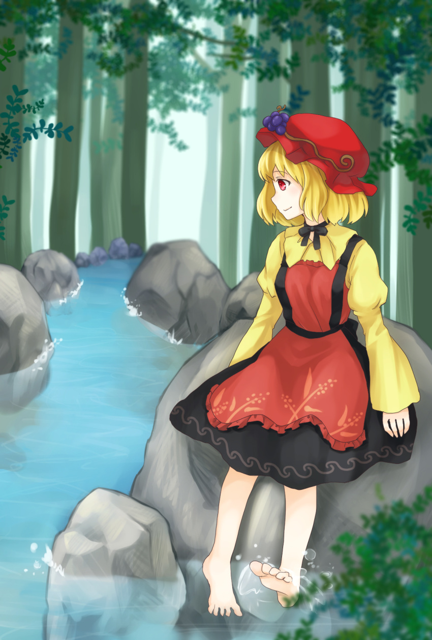 1girl, aki_minoriko, apron, barefoot, blonde_hair, blouse, blurry, choker