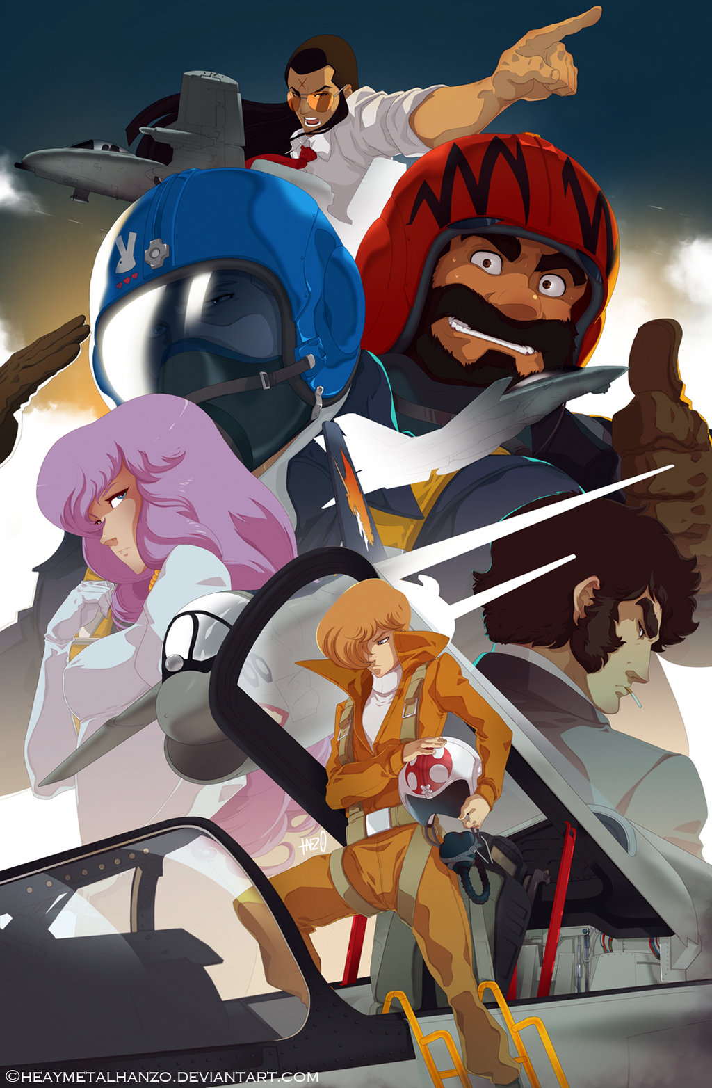 1girl, 5boys, a-10, airplane, angry, area_88, beard, black_eyes