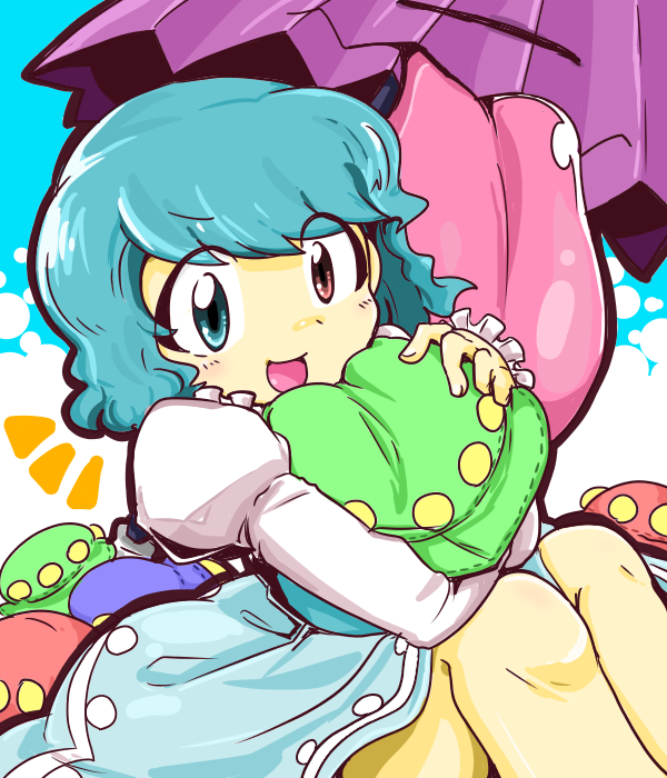 1girl, blue_dress, blue_eyes, blue_hair, closed_eyes, dress, heterochromia, hug