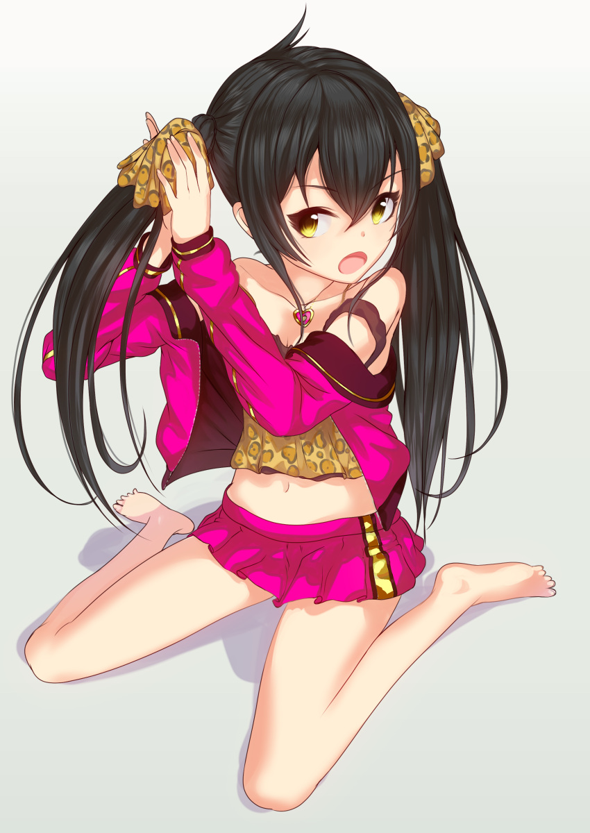 1girl, absurdres, adjusting_hair, bare_legs, bare_shoulders, barefoot, black_hair, blush