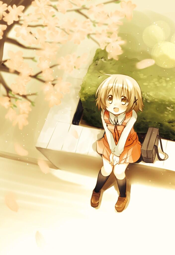 1girl, brown_hair, cherry_blossoms, from_above, hidamari_sketch, looking_up, open_mouth, quro_(black_river)