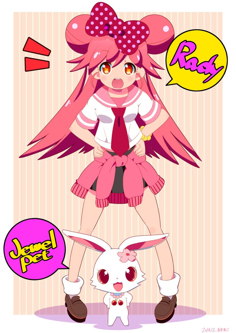 1girl, aosora_neko, bow, clothes_around_waist, double_bun, engrish, hair_bow, jewelpet_(series)