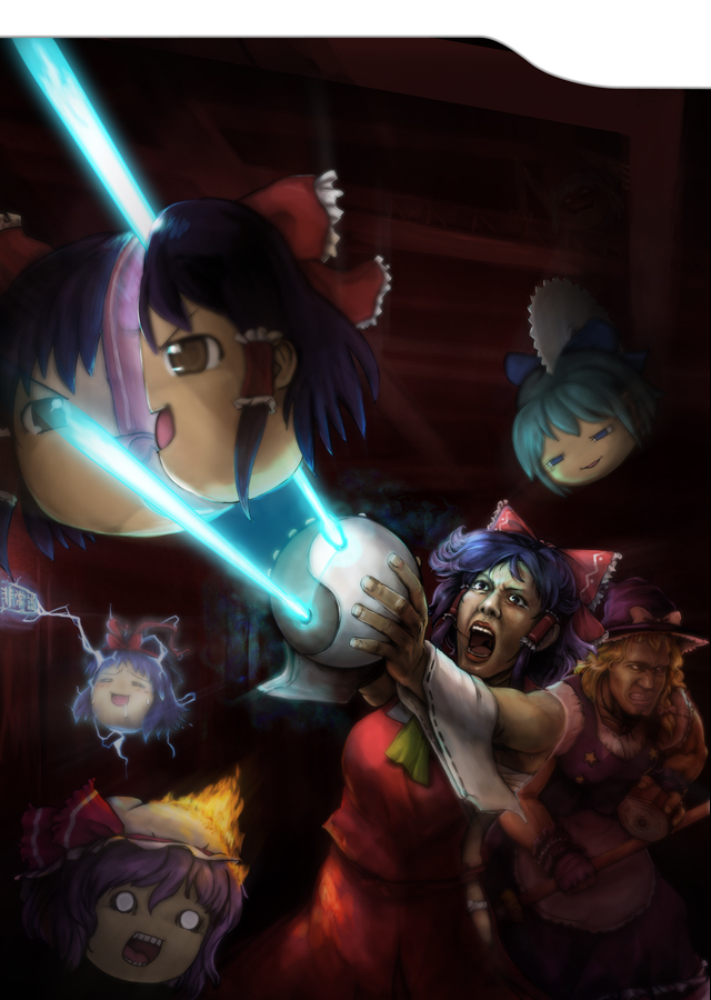 cirno, cover, creepy, dead_space, electrocution, fire, game_cover, hakurei_reimu