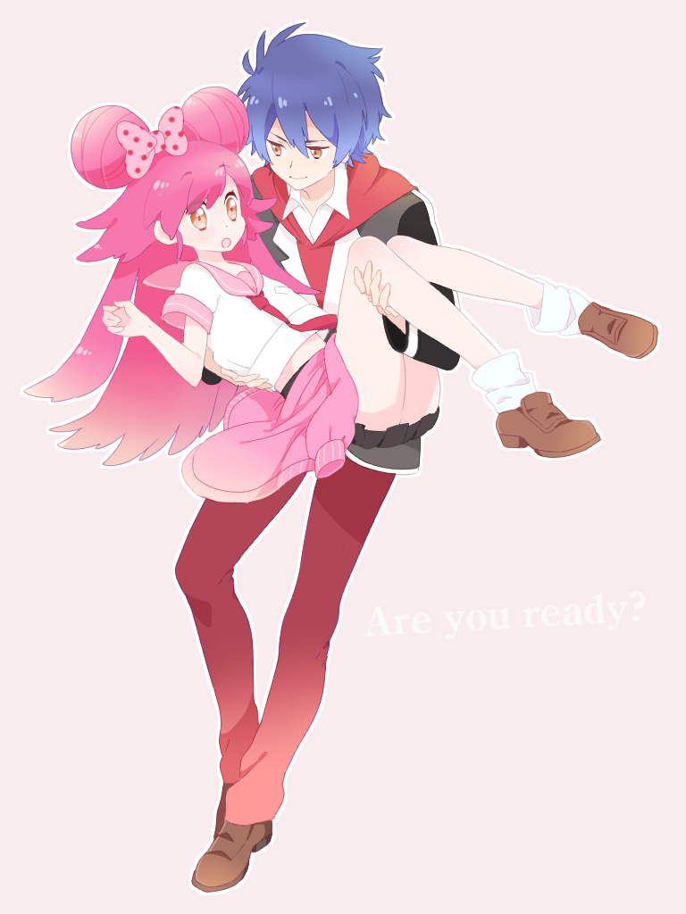 1boy, 1girl, :o, blue_hair, blush, bow, carrying, cayenne_(lady_jewelpet)