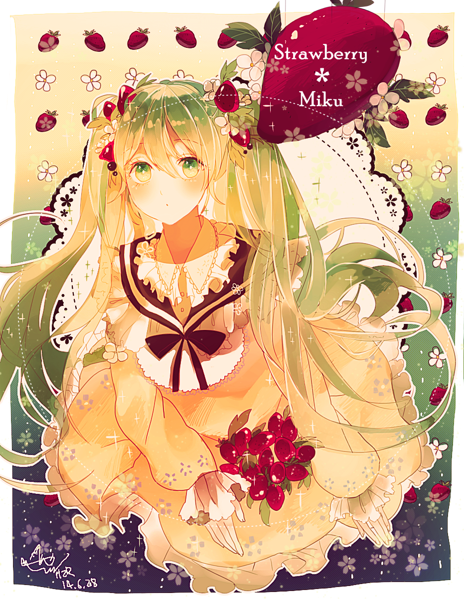 1girl, character_name, dress, food, food_themed_clothes, fruit, green_eyes, green_hair