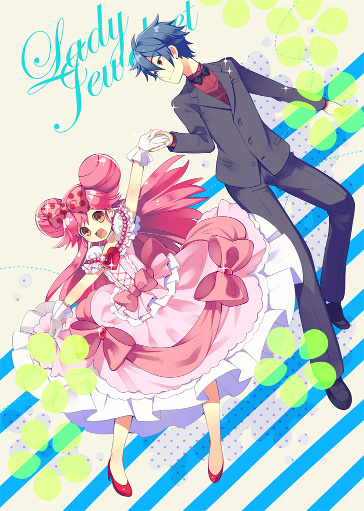 1boy, 1girl, blue_hair, bow, cayenne_(lady_jewelpet), double_bun, dress, formal
