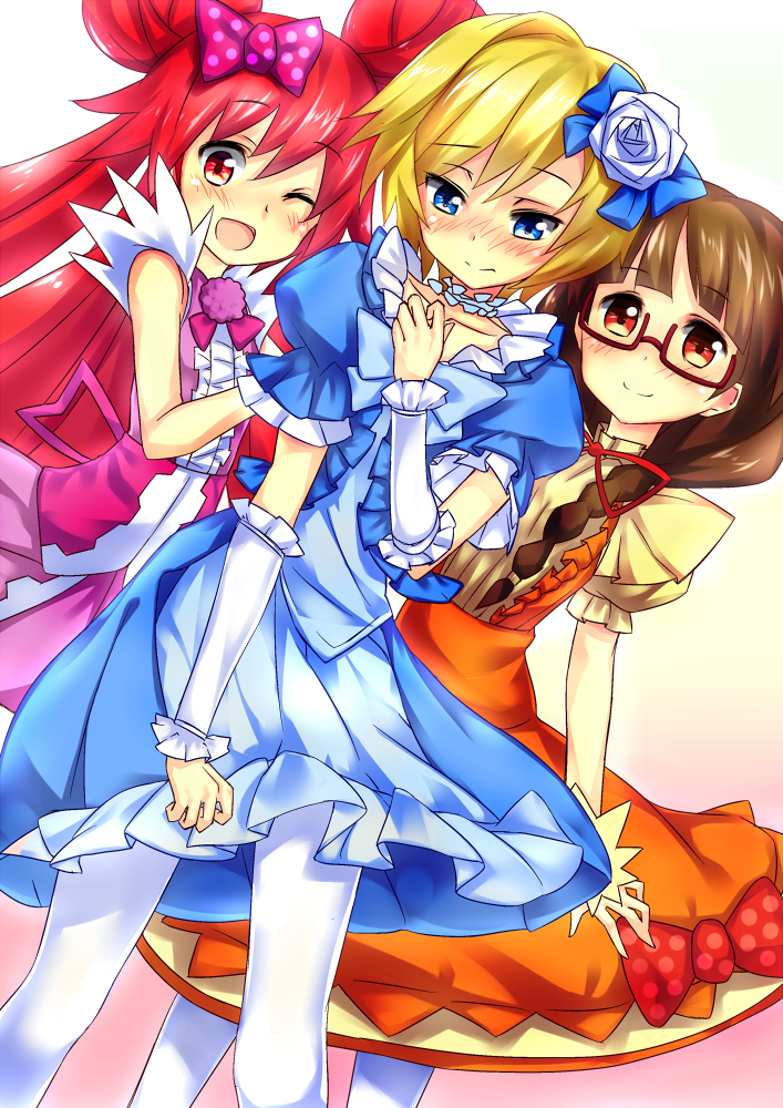 3girls, blonde_hair, blue_eyes, blush, bow, brown_hair, charon_(lady_jewelpet), dress