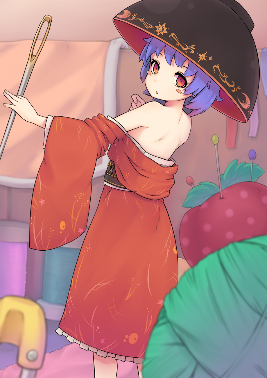 1girl, bare_shoulders, blush, blush_stickers, bowl, hat, highres, japanese_clothes