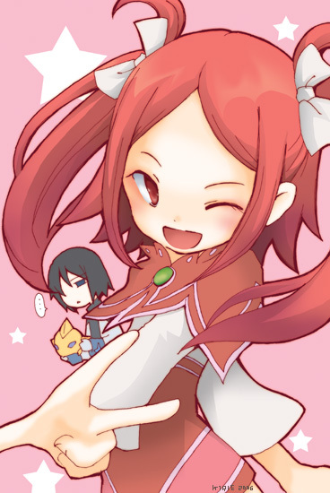 1girl, 2006, black_hair, blue_eyes, kirie, lukius_bridges, pink_background, pink_eyes
