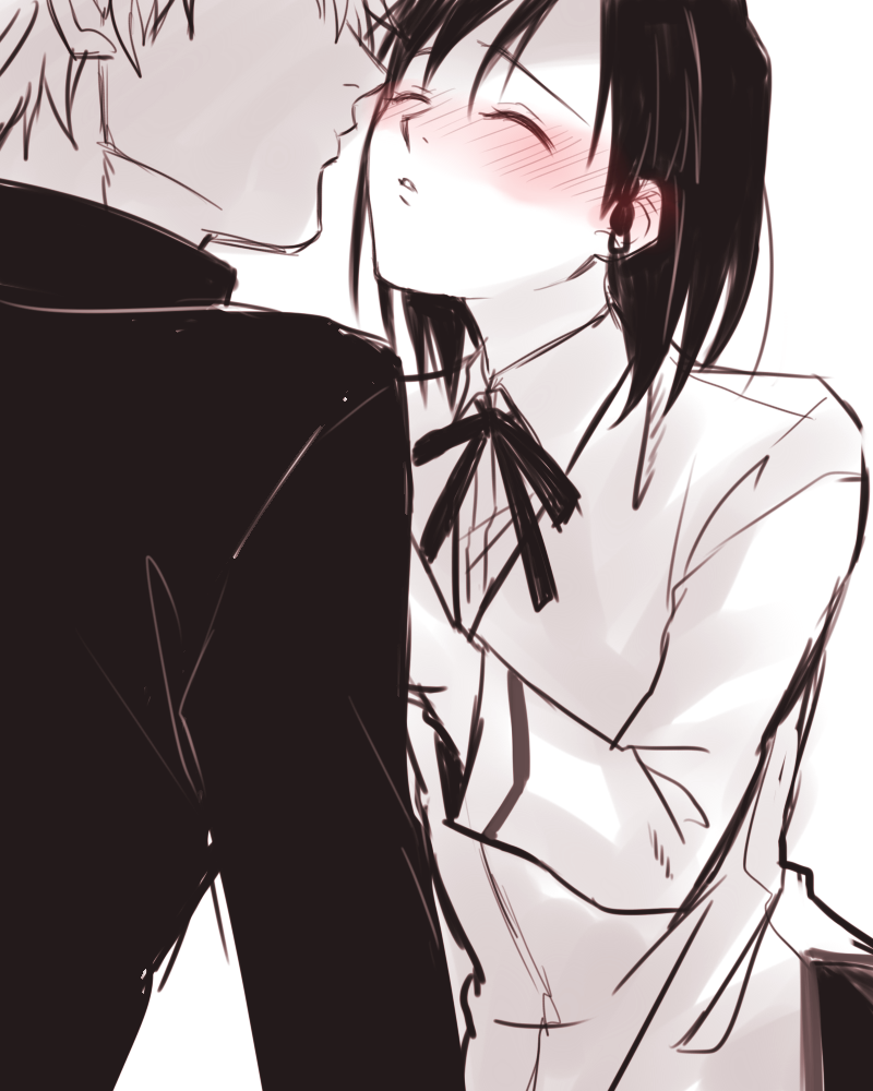 1boy, 1girl, black_hair, blush, choco_(nnsk3), closed_eyes, couple, hetero