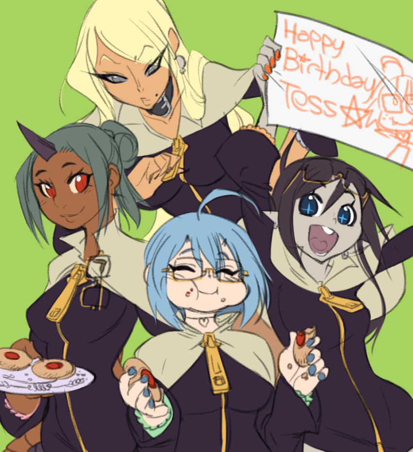 +_+, 4girls, ahoge, ari_laharis, basilisk, blue_eyes, blue_hair, blue_nails