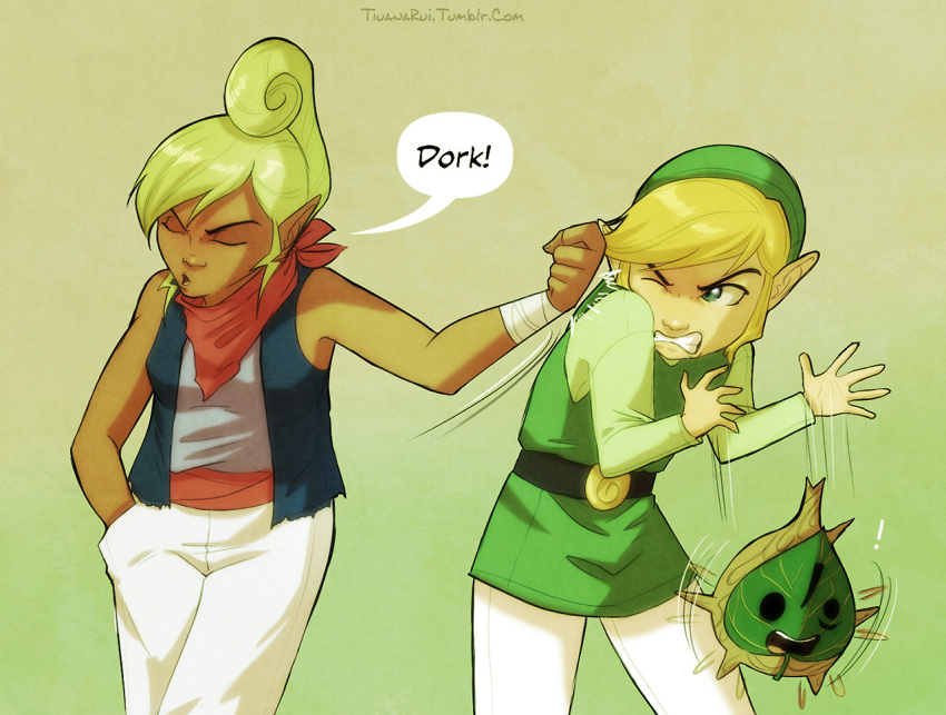 1girl, 2boys, blonde_hair, dark_skin, korok, link, makar, multiple_boys