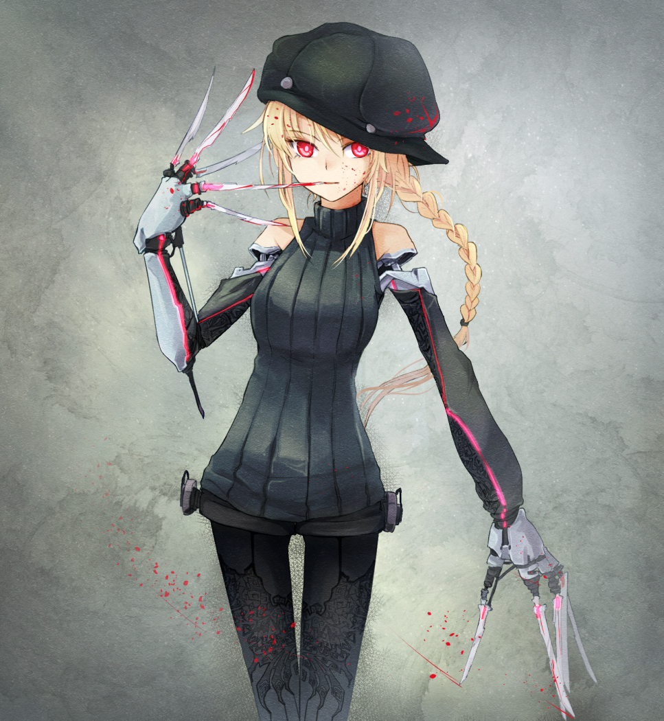 1girl, android, black_legwear, blonde_hair, blood, blood_on_face, bloody_hands, bloody_knife