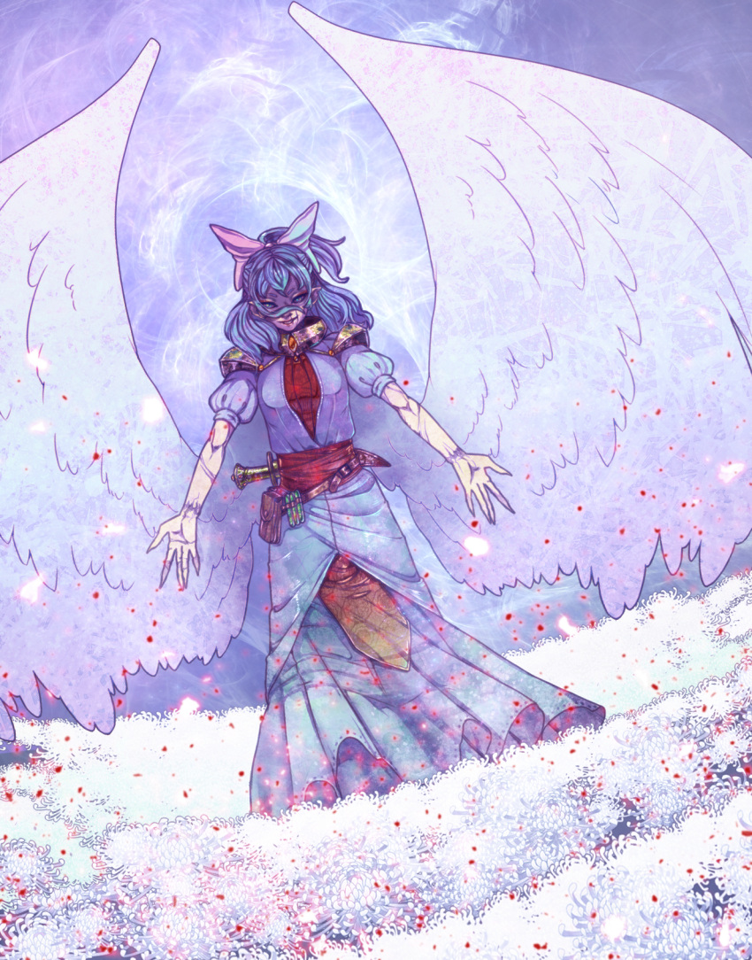 1girl, angel_wings, blue_eyes, blue_hair, bow, dizmathik, dress, hair_bow, highres, looking_at_viewer, mai_(touhou), outstretched_arms, pink_bow, puffy_short_sleeves, puffy_sleeves, short_sleeves, touhou, touhou_(pc-98), wings