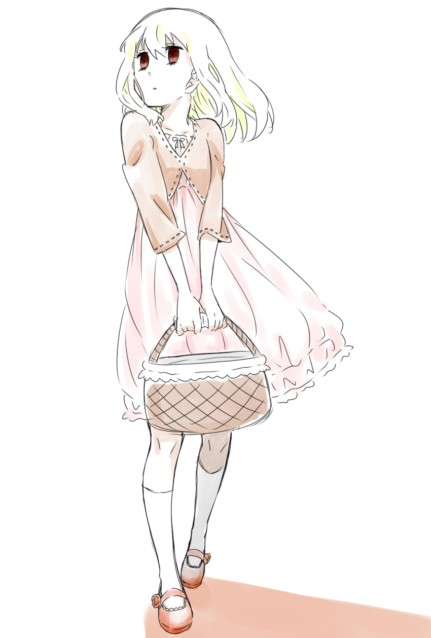 1girl, bag, blonde_hair, dress, highres, kneehighs, long_hair, ohagi1010, original, red_eyes, shinitagari_shoujo_to_shokujinki-san, white_background, white_legwear