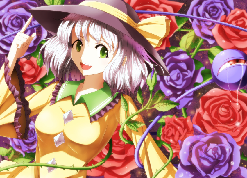 1girl, adjusting_clothes, adjusting_hat, blue_rose, eyeball, flower, green_eyes, hat