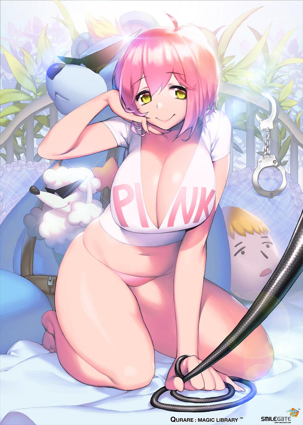 1girl, :>, ahoge, arm_support, bare_legs, barefoot, bear, breasts