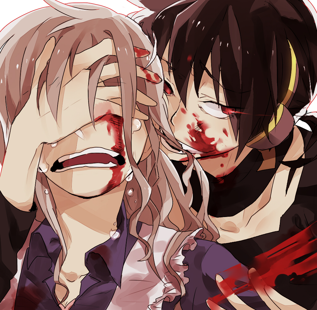 1boy, 1girl, biting_hair, black_hair, blood, covering_eyes, dark_konoha, dress