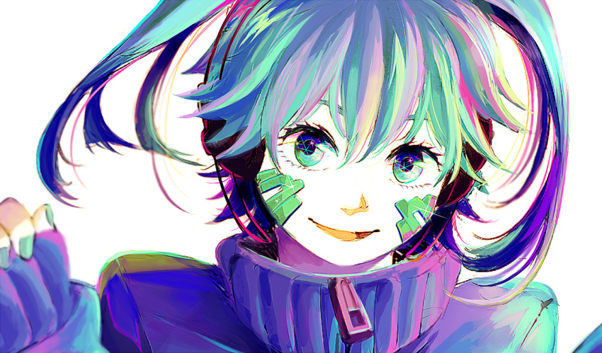 1girl, aqua_hair, ene_(kagerou_project), green_eyes, kagerou_project, long_hair, mahoshiki, solo, twintails, white_background