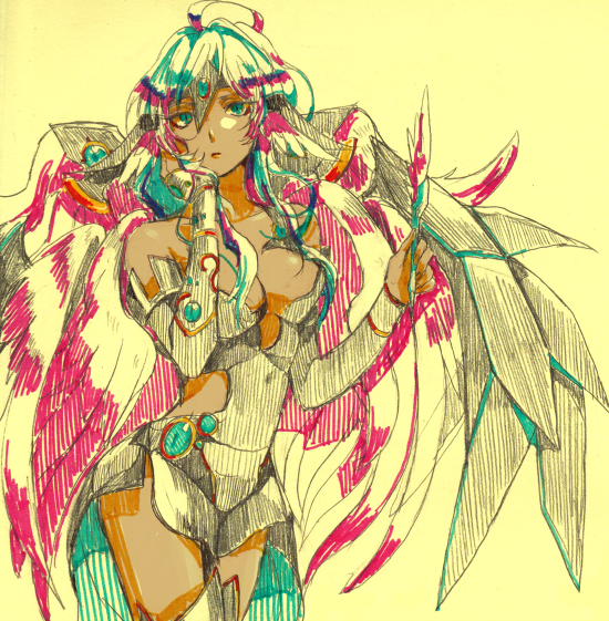 1girl, ahoge, angel, angel_wings, archangel_metatron_(p&amp;d), armor, bare_shoulders, black_clothes