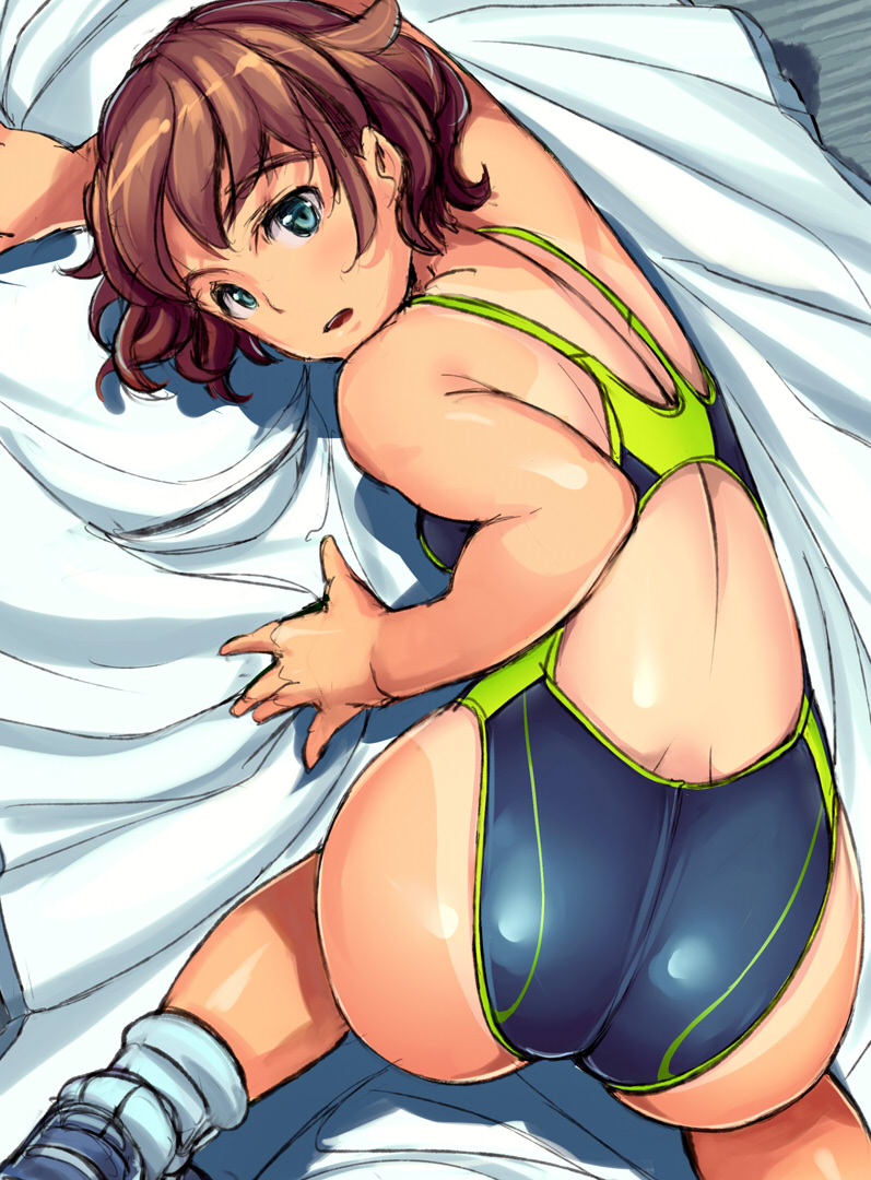 1girl, all_fours, ass, blue_eyes, brown_hair, competition_swimsuit, one-piece_swimsuit, original, raikoh, shoes, short_hair, socks, swimsuit, tan, tanline