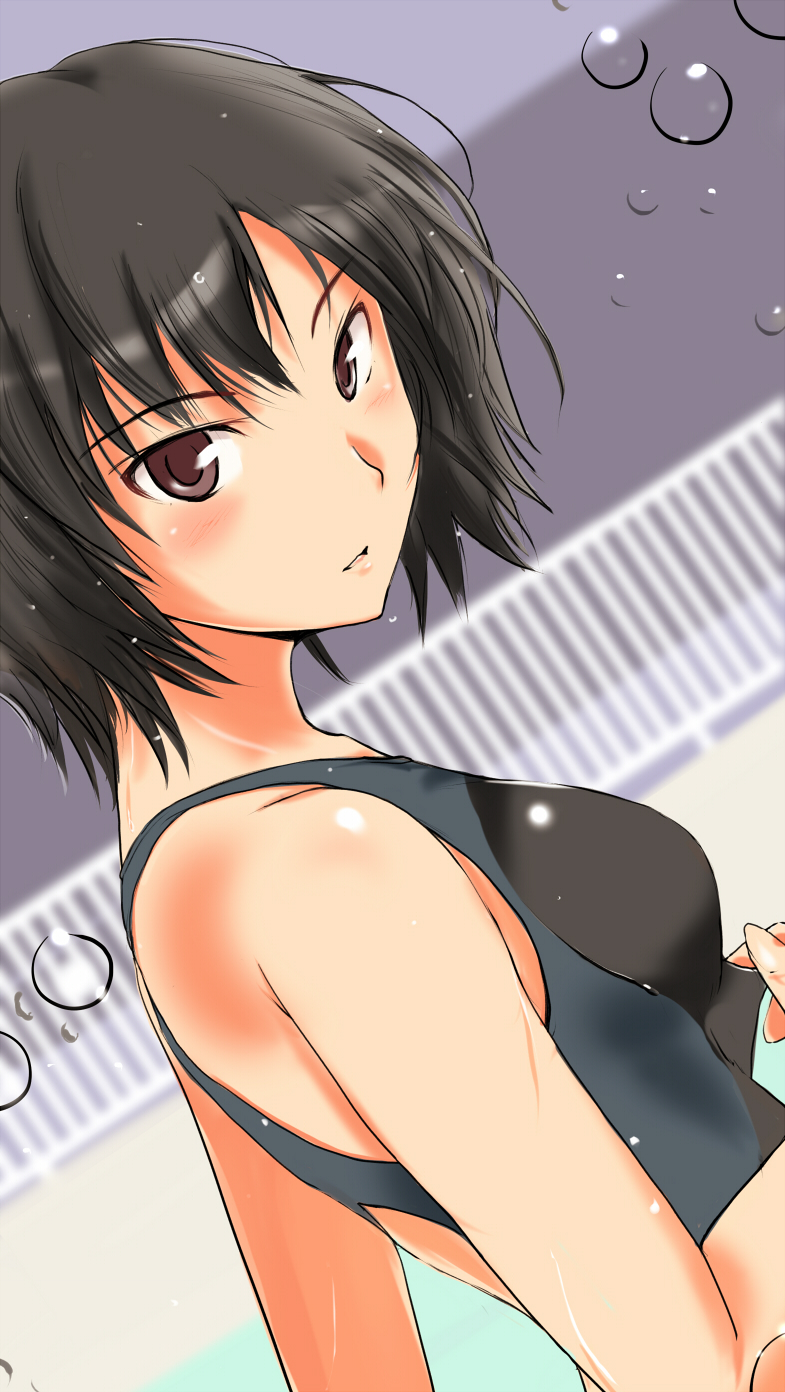 amagami, black_hair, bob_cut, brown_eyes, competition_swimsuit, dutch_angle, highres, looking_back