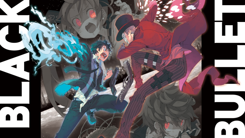 2boys, 2girls, aihara_enju, battle, black_bullet, blue_hair, brown_hair, fighting