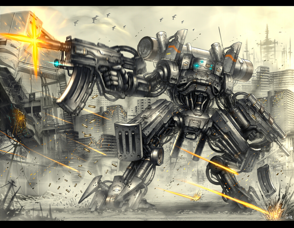 aircraft, airplane, assault_rifle, battle, building, bullet_casing, cartridge, city