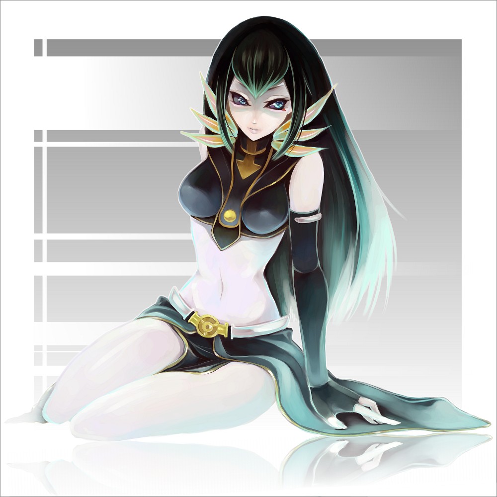 black_hair, black_sclera, blue_eyes, carly_nagisa, elbow_gloves, fingerless_gloves, gloves, long_hair