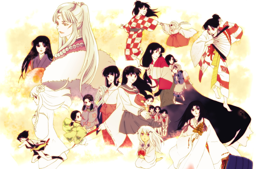 6+girls, artist_request, barefoot, black_hair, fan, feet, hakama, highres
