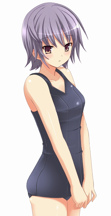 brown_eyes, grey_hair, kawabata_mizuki, nagato_yuki, one-piece_swimsuit, school_swimsuit, short_hair, suzumiya_haruhi_no_yuuutsu