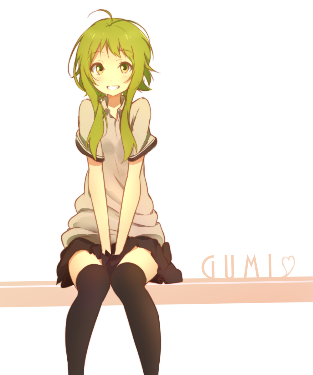 1girl, black_legwear, gradient_eyes, green_eyes, green_hair, grin, gumi, highres