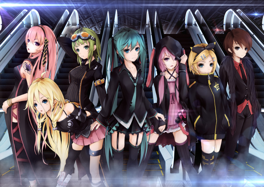 6+girls, ajigo, aqua_eyes, aqua_hair, blonde_hair, bracelet, brown_hair, escalator